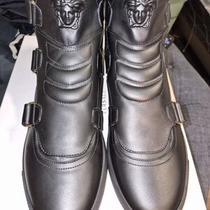 Versace Black Leather Medusa Strap Boots
